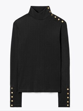 Tory Burch Turtleneck Long-Sleeve Shirt with Gold Buttons